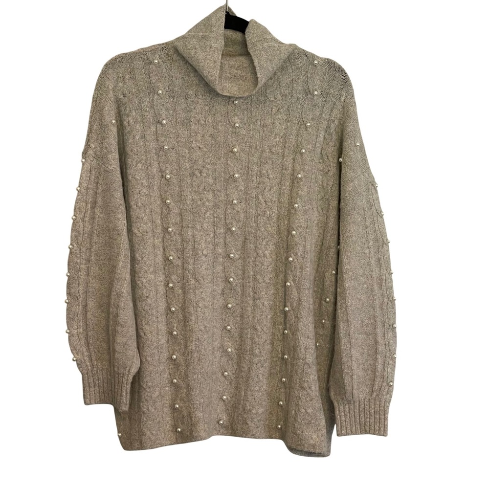 NIC+ZOE Womens Gray Cable Knit Pearl Embellished Turtleneck Sweater‎ Size L